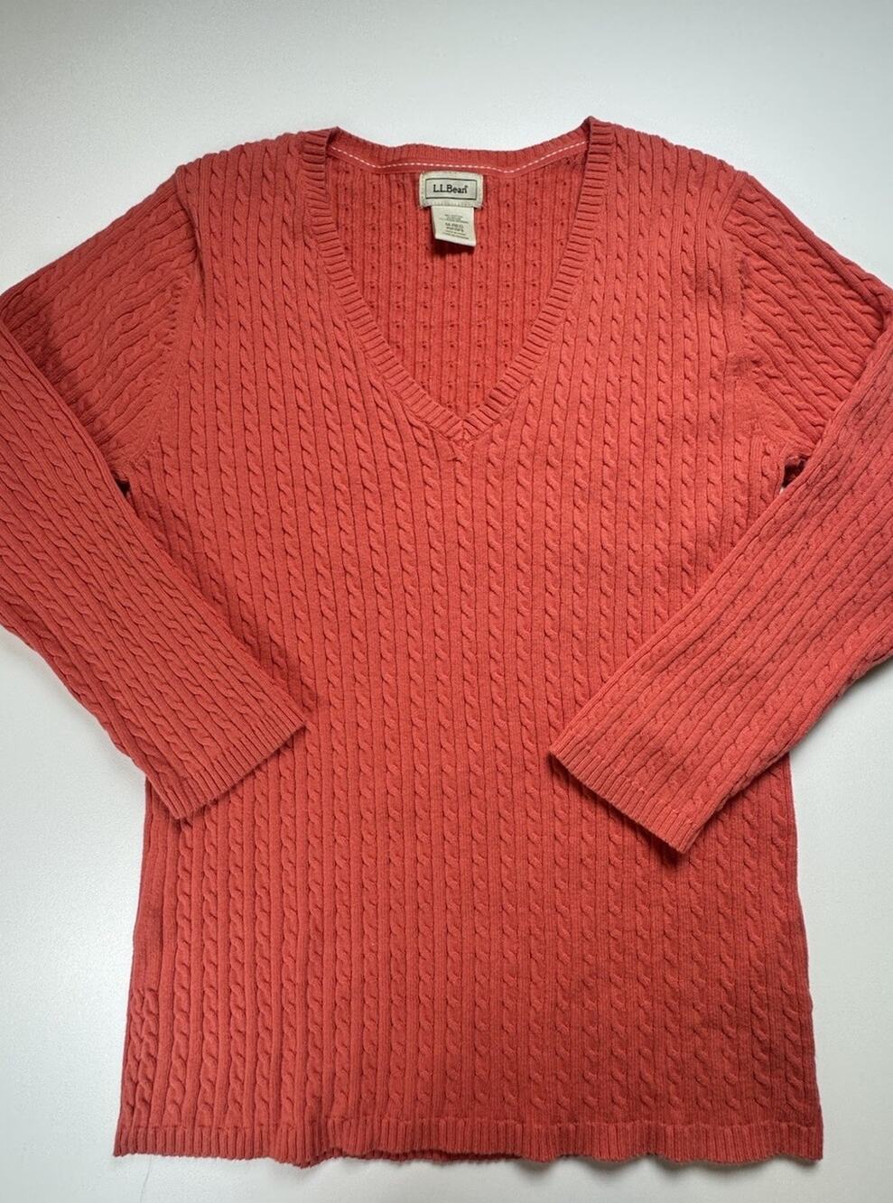 L.L.Bean Orange Solid Cable-Knit V-Neck Pullover Sweater Long Sleeve M